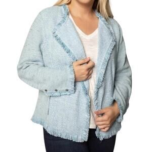 Nic+Zoe Collared Fringe Mix Knit Jacket Women's Medium Tweed Blazer Blue